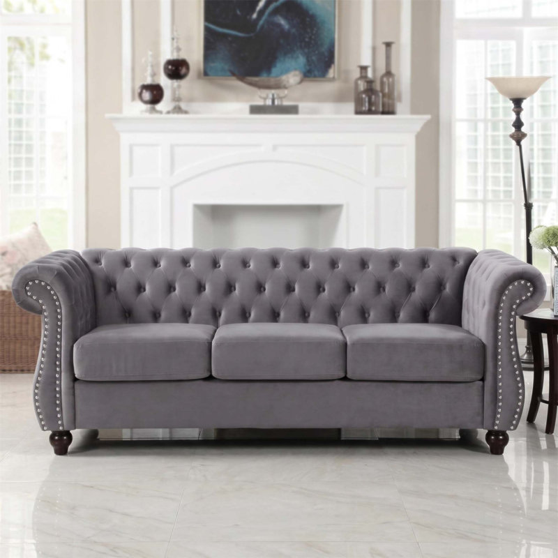 Canapé 3 places Chesterfield, Velours gris velours