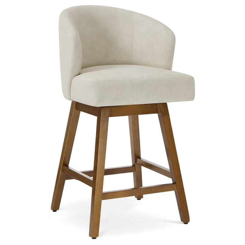 360° Swivel Upholstered Bar Stool With Solid Rubberwood Base, Spring-Cushioned Comfort, 350 Lb Capacity, Cream