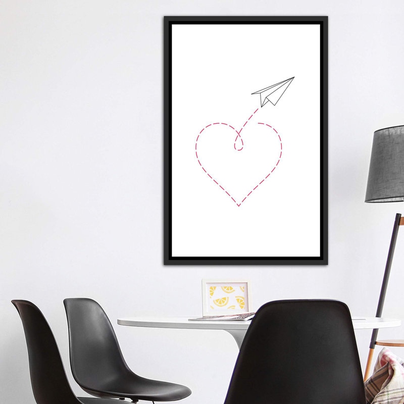 «Paper Plane & Heart I», reproduction d'impression, H 60 po x l 40 po x P 1,5 po, Toile avec cadre noir, Pas de tapis