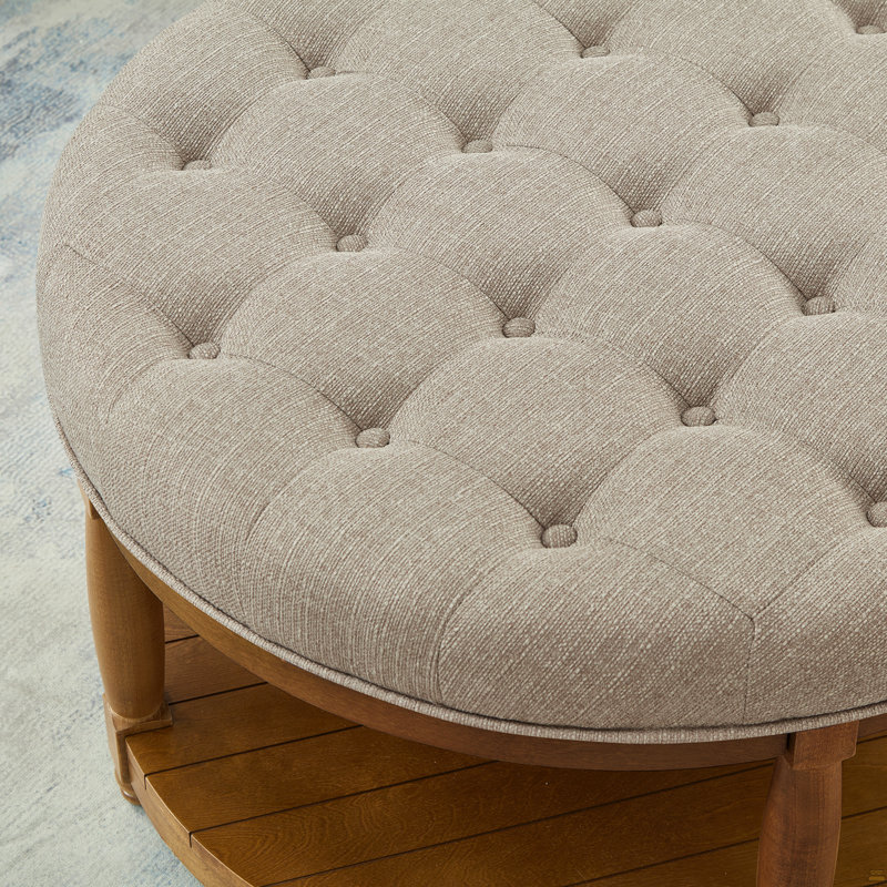 Grande table basse ronde avec repose-pieds rembourré en lin touffeté, Lin lin