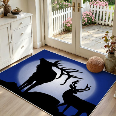 Tapis intérieur noir lavable à la machine, motif deux cerfs du Nord en hiver