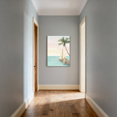 Tropical Beach Scene With Sailboat And Palm Tree Canvas Wrapped Wall Art Oil Painting Print Set Of 1