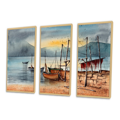 «Plusieurs bateaux de pêche dans le port du lac II», reproduction sur toile flottante 3 pièces