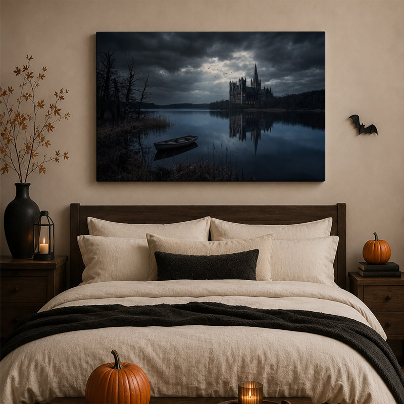 Château gothique se reflétant dans un lac bleu foncé - Toile murale d'Halloween, H 36 po x l 48 po