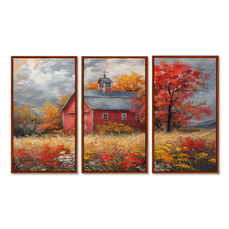 Autumn Red Barn Breeze I - Ensemble d'art mural de grange, Cadre flottant brun, H 40 po x l 60 po