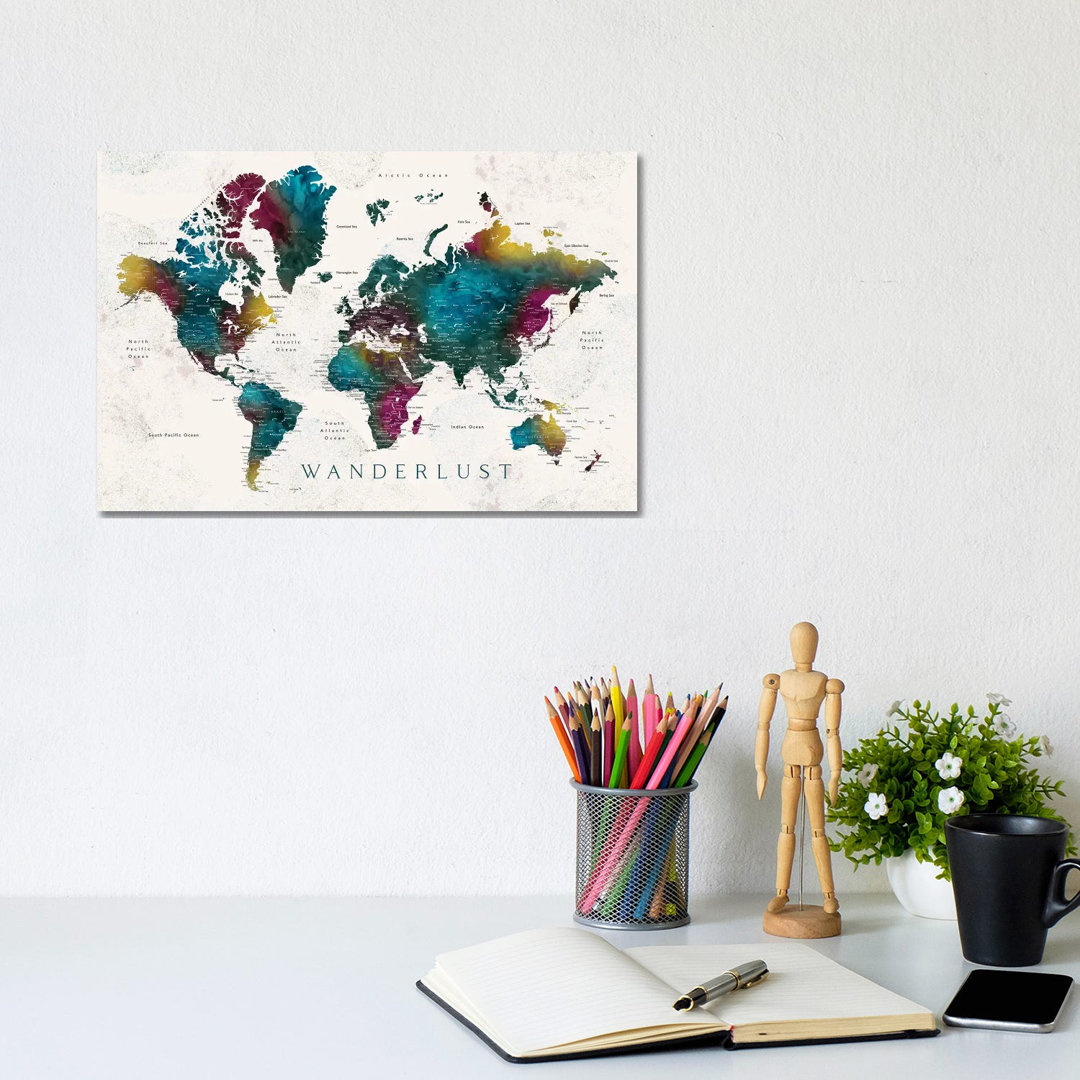 Wanderlust Charleena Detaillierte Aquarell-Weltkarte mit Städten von Blursbyai - Galerie-verpackte Leinwand Giclée auf L...