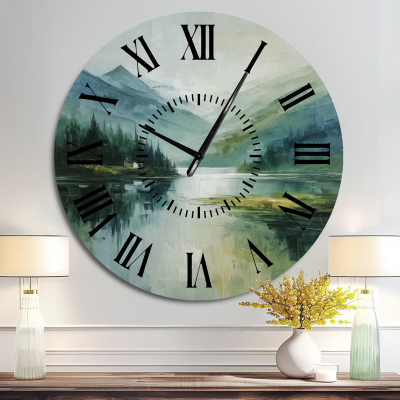 Horloge murale rustique ronde en métal Green Lake Breeze Sunrise Mist -, Surdimensionné