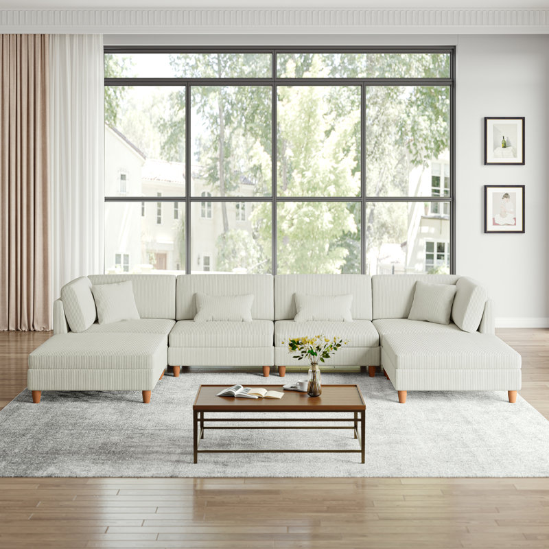 Seemab 6 - Piece Upholstered Beige Corduroy Modular Sectional with Pillow Back and Removable Ottoman, Beige