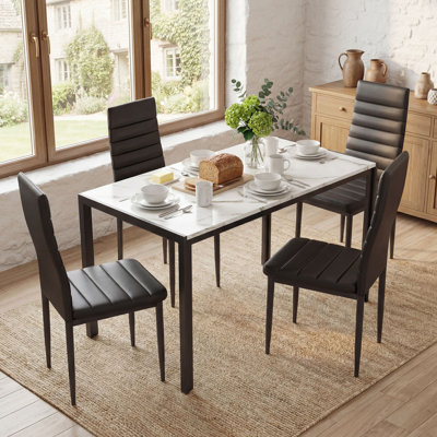  5-Piece Dining Table Set for 4 – Modern Kitchen Table with Faux Marble Top & Black PU Leather Chairs, Space-Saving Design for Small Spaces, Easy Assembly