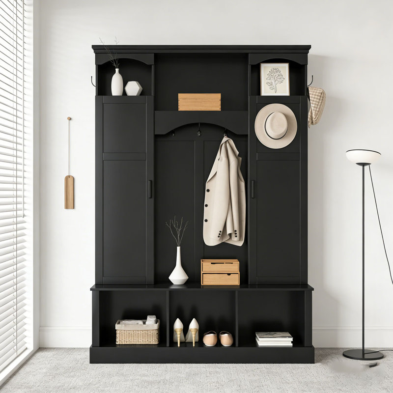 Arbre de couloir moderne tout-en-un avec tablettes réglables, banc de rangement de style campagnard arqué classique avec armoires latérales doubles