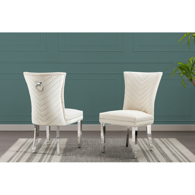19'' H Velvet Upholstered Metal Side Chair, Silver, Cream