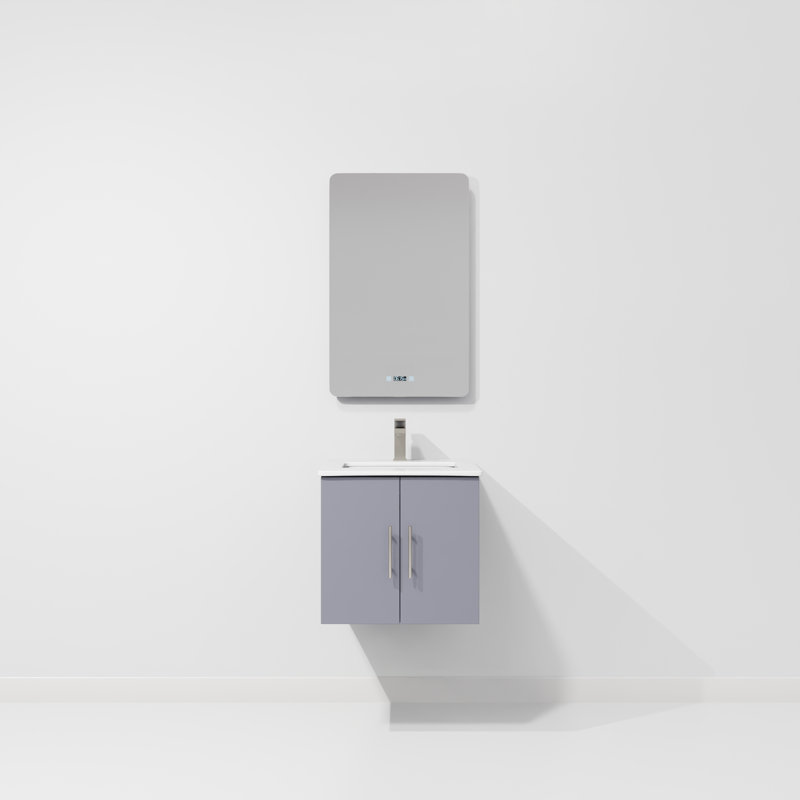 Ensemble de meuble-lavabo simple 24 po avec plateau et miroir Geneva, Gris foncé, Marbre de culture blanc