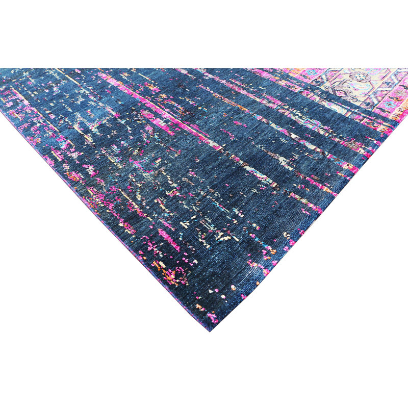Hand Knotted Abstract Area Rug in Dark Blue/Pink, Rectangle 9' x 12'