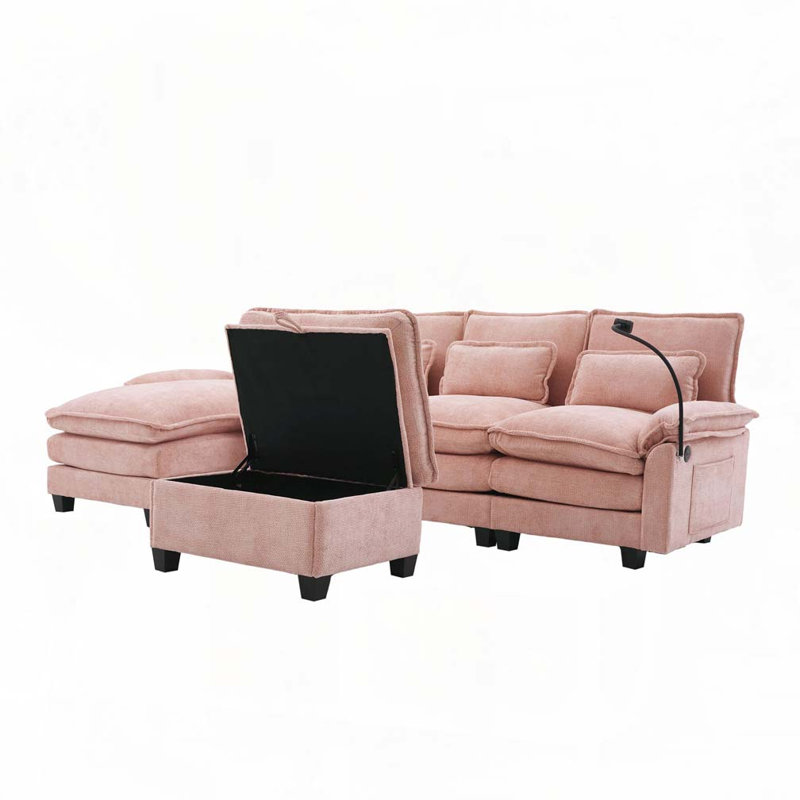 Chenille Fabric 106" U Shape Sectional Sofa, Pink
