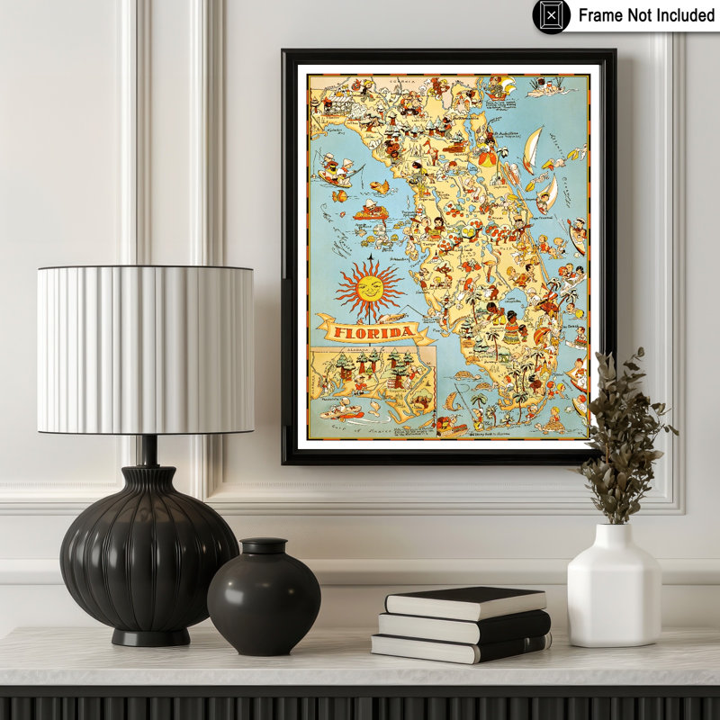 Carte illustrée de la Floride, H 12 po x l 16 po, Affiche, Sans cadre