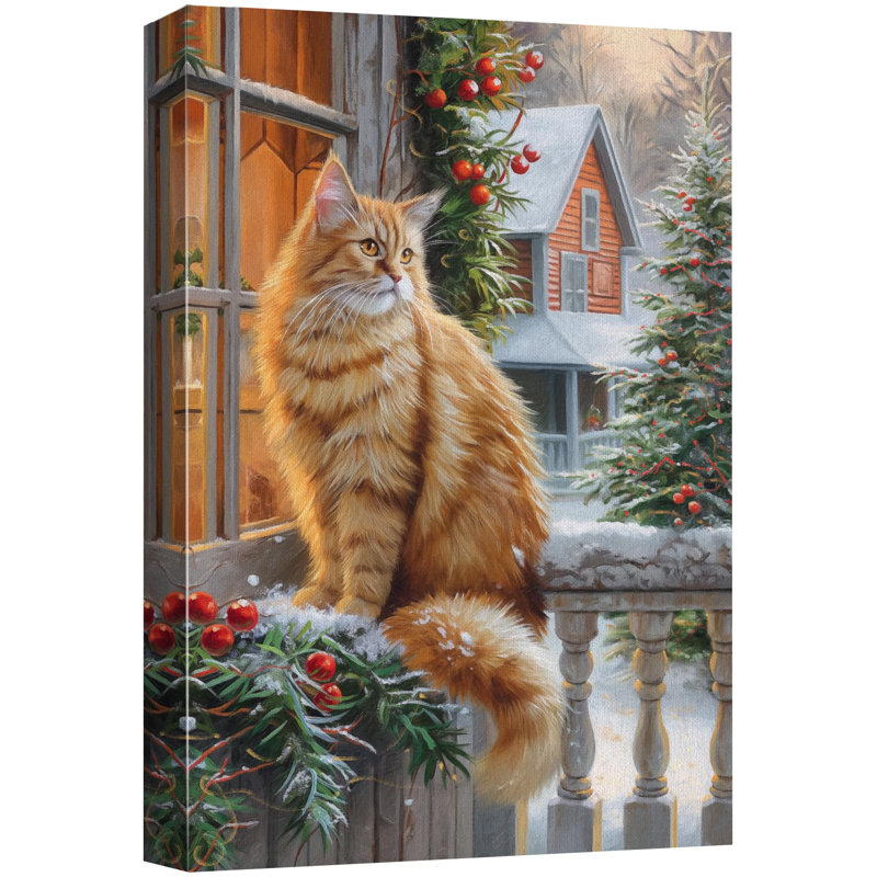 Scène d'hiver douillette avec un chat orange moelleux près d'une fenêtre de porche décorée, art moderne chaleureux