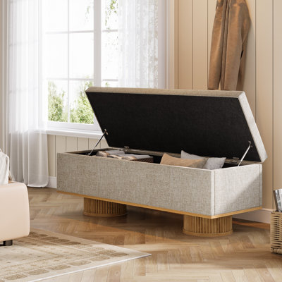 Banc de rangement rembourré 50,39 po avec siège rembourré et charnière de sécurité, capacité jusqu'à 330 lb, couleur beige et bois