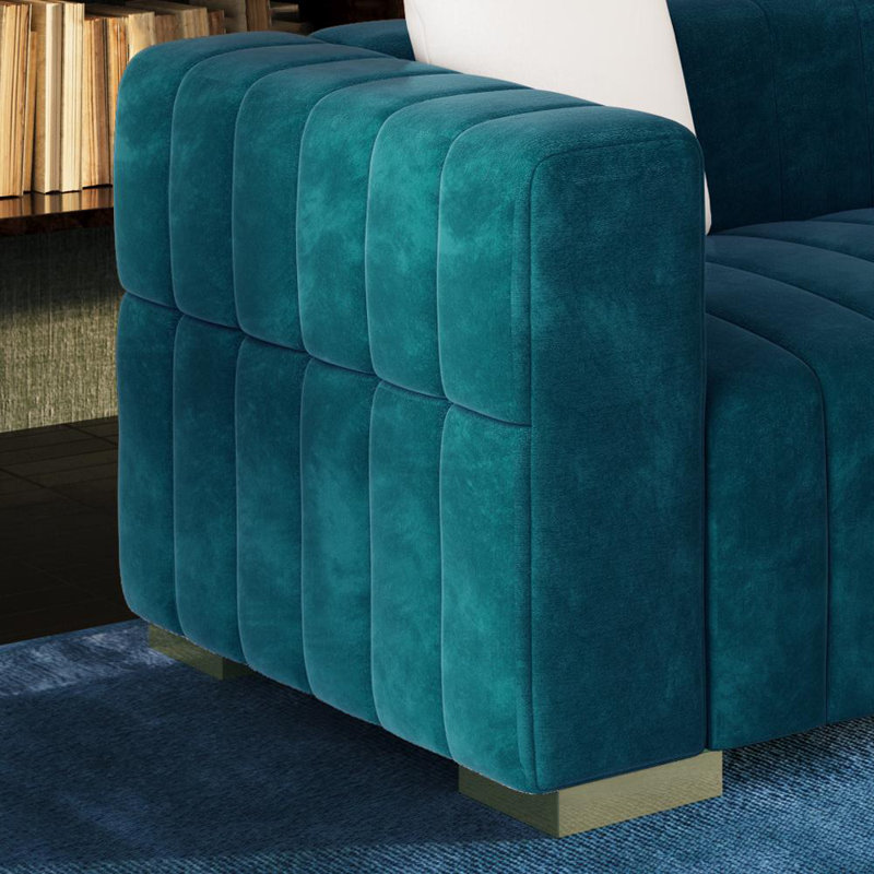 Charlesworth 59'' Velvet Loveseat with 2 Pillows, Modern Channel-Tufted Sofa with Stainless Steel Legs, Luxury Square Arm Couch for Living Room, Blue