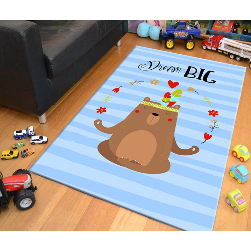Tapis rectangulaire tissé à la machine en polyester bleu / brun Strohl, Rectangle 4 pi 11 po x 7 pi 7 po