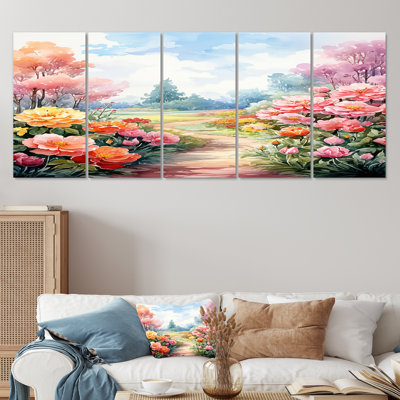 «Pink Blooming Floral Countryside Road», art mural floral sur toile 5 pièces