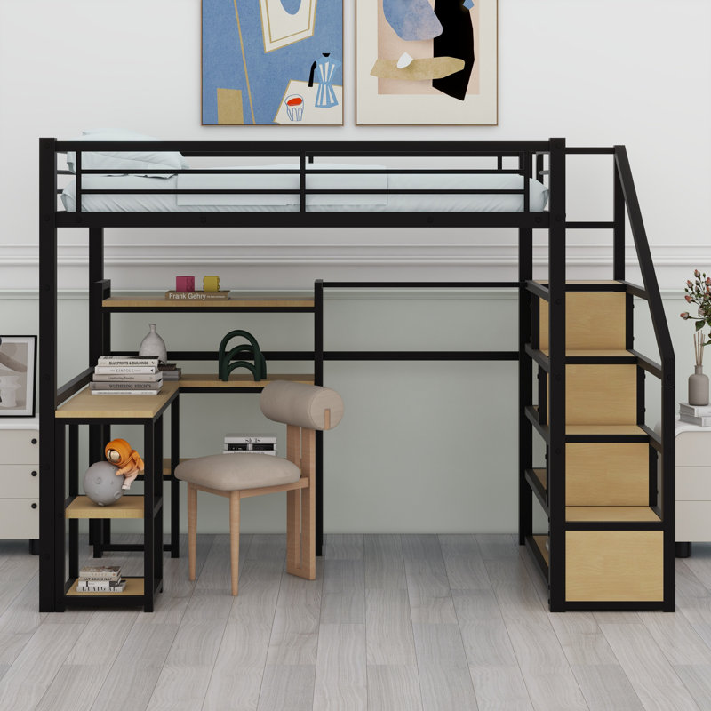 Lit mezzanine en métal avec escalier, bureau intégré et tablettes