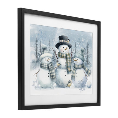 «Snowmen Trio and Bird», reproduction encadrée sous verre, design par Nicole DeCamp