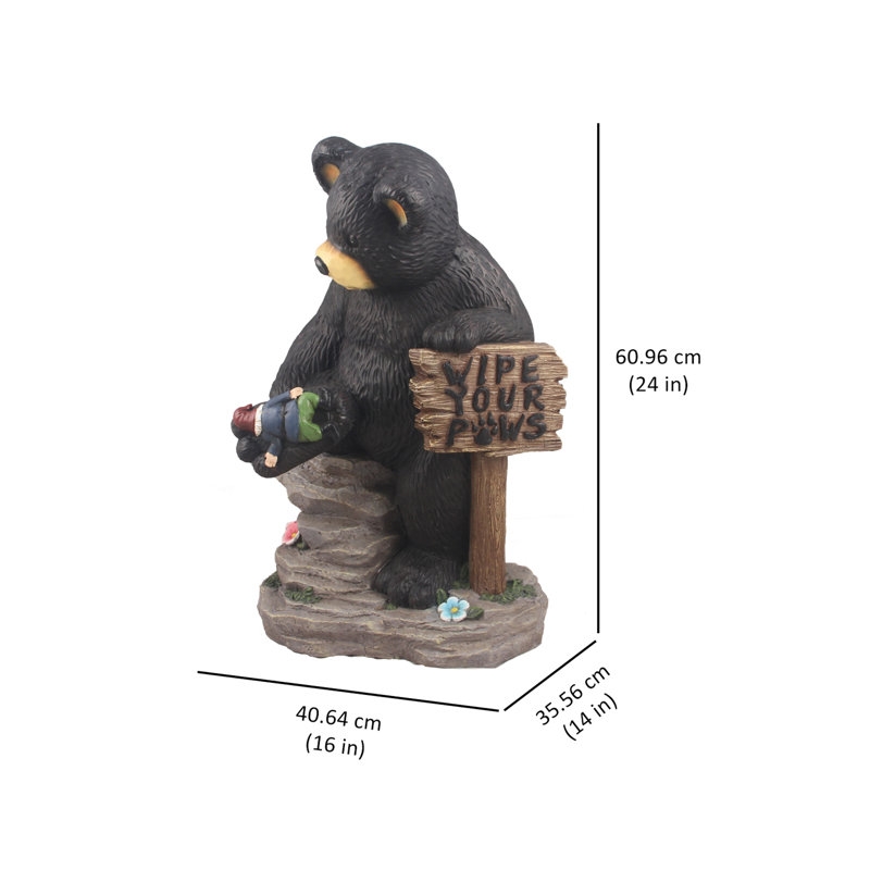 Black Polyresin Bear Holding Sign and Gnome Statue