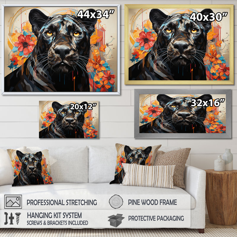 Panther Elusive Panther Geometric - Animals Canvas Art Print, H 30 po x l 40 po, Cadre flottant doré