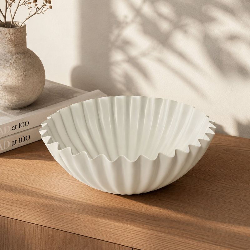 Bol décoratif en métal blanc, centre de table moderne, 31 x 32 x 11 cm