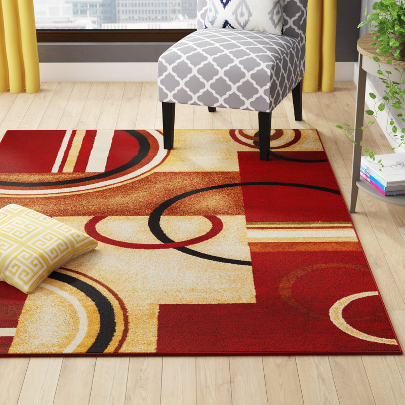 Tapis rouge moderne à motif d'arcs et de formes Carlei, Rectangle 6 pi 7 po x 9 pi 6 po