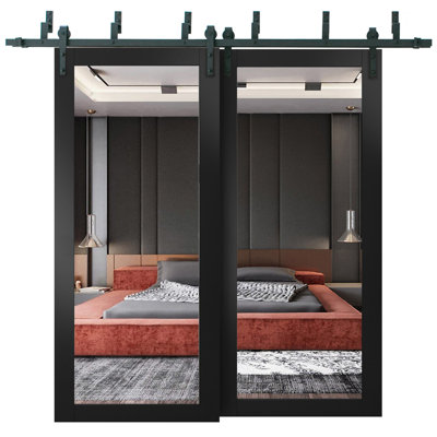 Sliding Closet Barn Bypass Doors with Hardware Lucia 1299 Matte Black with Mirror Sturdy 6.6ft Rails Hardware Set Modern Wood Solid Bedroom Wardrobe Doors