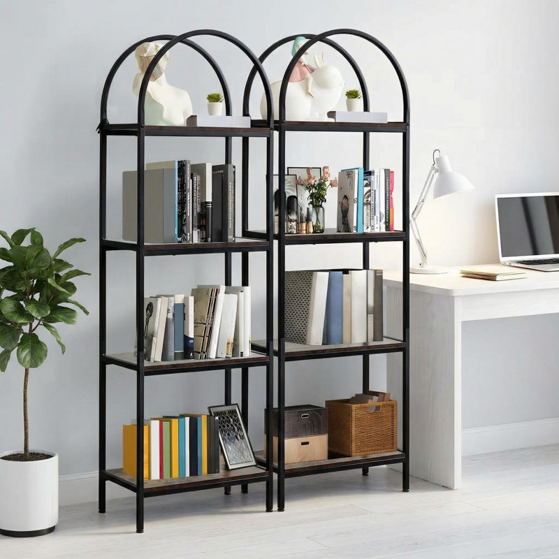 Bibliothèque à 4 niveaux, présentoirs arqués, grande tablette pour CD / livres, grande étagère de rangement en bois pour chambre à coucher, salon, bureau à domicile