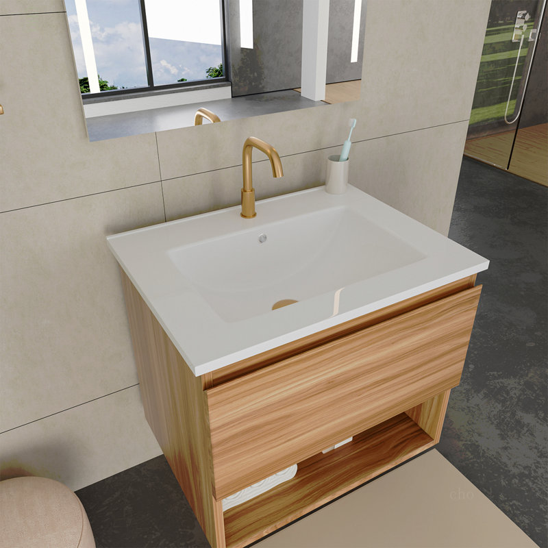 Meuble-lavabo 24 po avec lavabo en céramique - Meuble-lavabo mural flottant cannelé avec tiroirs, moderne, Natural Walnut