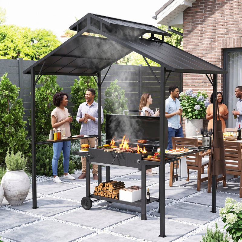Gazebo double toit rigide de 2,4 x 1,5 m avec barbecue intégré, idéal pour terrasse, jardin ou pelouse.