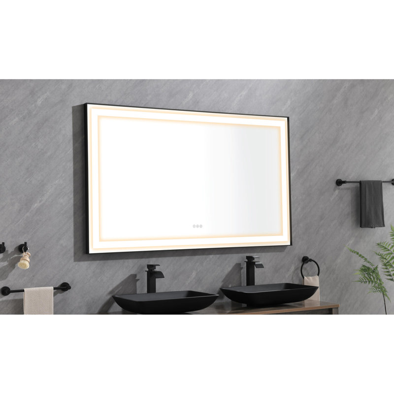 Miroir de salle de bain à DEL 96 po x 36 po - Brouillard, intensité variable, cadre noir avec 3 lumières de couleur pour montage mural