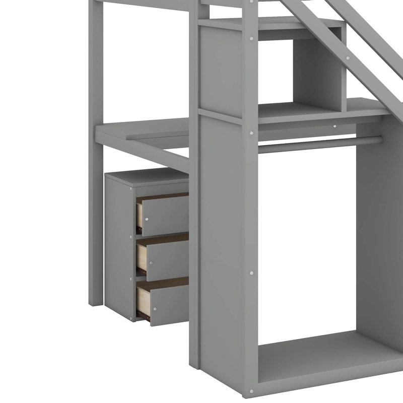 Lit mezzanine simple avec deux commodes, bureau et bande lumineuse, Gris
