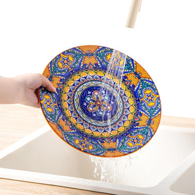 18-Piece Dinnerware Sets,Ceramic Plates and Bowls Sets Service for 6, Bohemian Style Porcelain Dishes Set for 6, Microwave and Dishwasher Safe, Scratch Resistant,Non Toxic