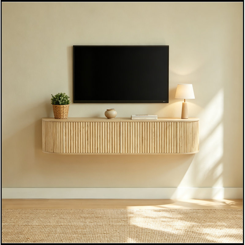 Meuble télé mural flottant avec portes cannelées, Naturel