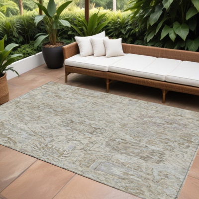 10' X 14' Ivory Brown And Gray Damask Washable Indoor Outdoor Area Rug