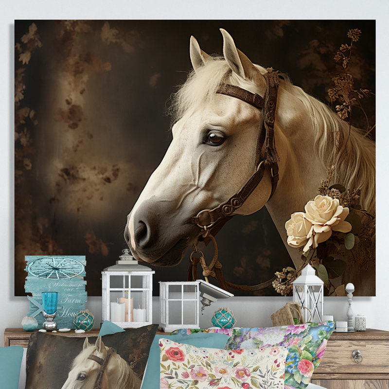 «White Beige Horse Majestic Duality» sur toile, H 24 po x l 32 po x P 1 po, Toile tendue