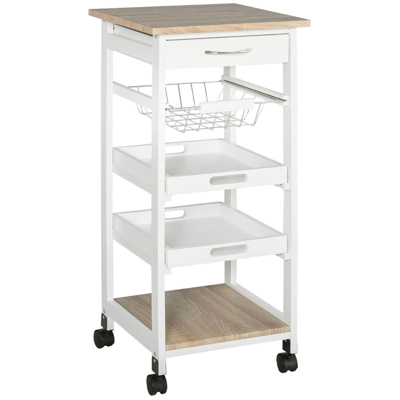 Mobile Kitchen Cart, Rolling Kitchen Island With Storage, Solid Wood Frame Utility Cart With Wire Fruit Baskets, Trays And Drawer, White