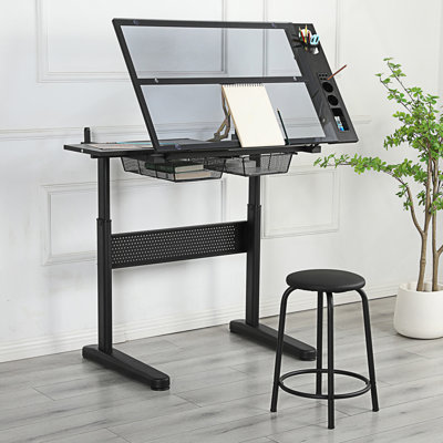 Table à dessin réglable avec 2 tiroirs en métal et tabouret