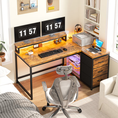 Small Home Office L Shaped Computer Desk With 3 Drawers & Led Lights & Power Outlet & Monitor Stand by Wrought Studio