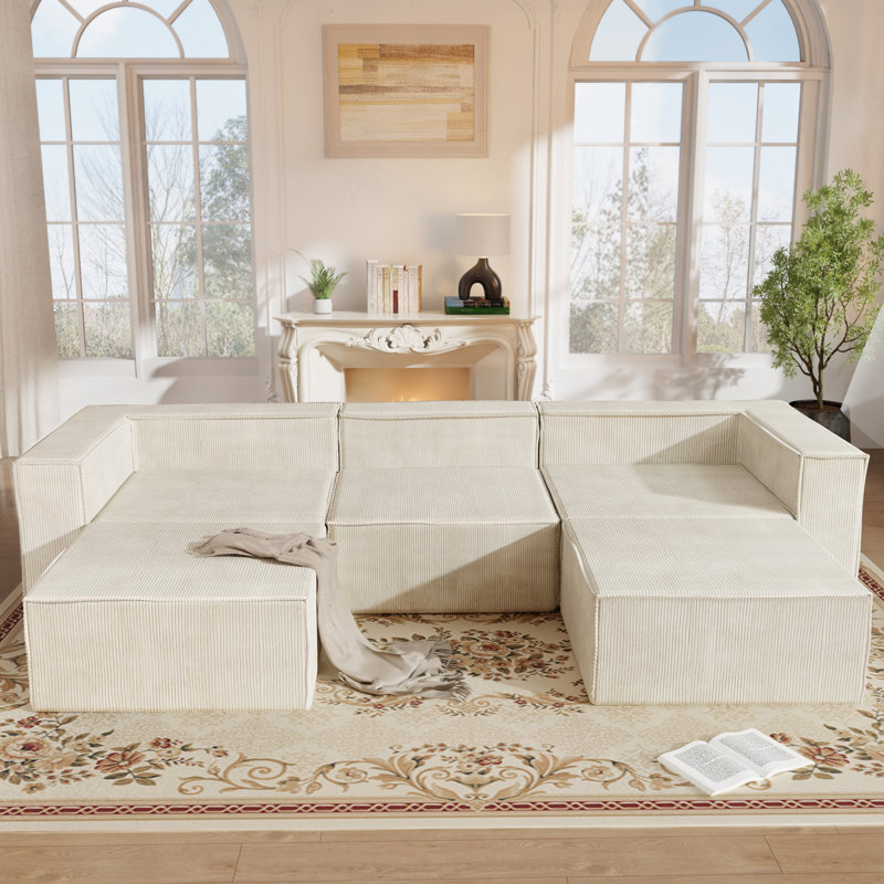 108" Modern Corduroy Combination Compression Couch No Assembly Required With Two Ottomans, Beige Corduroy