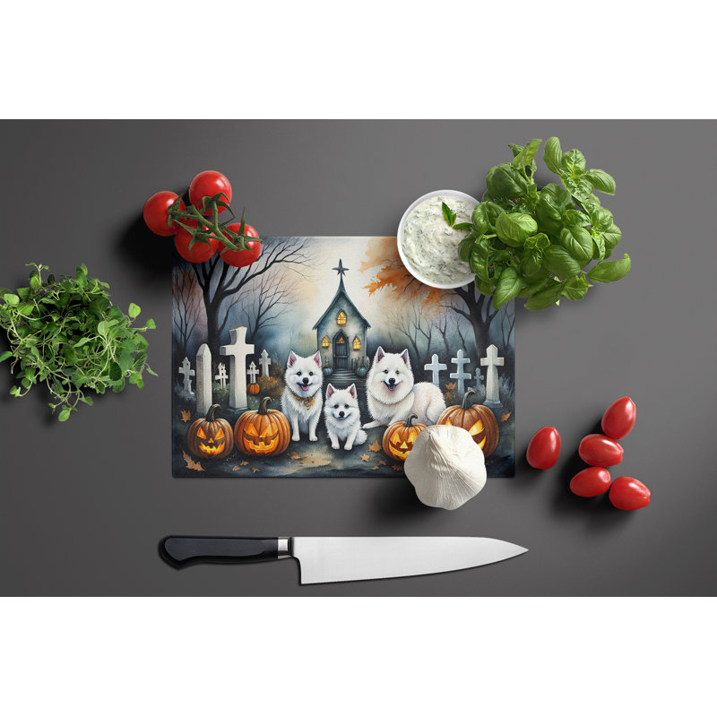 American Eskimo Spooky Halloween Glass Cutting Board Large