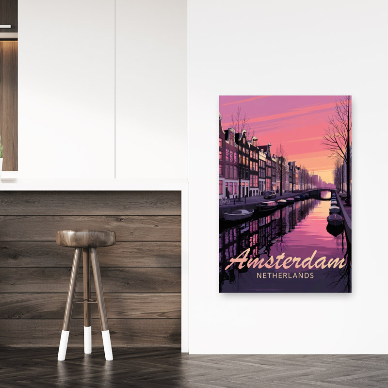 Amsterdam Sunset Canal, une affiche murale colorée, paisible et vibrante représentant l'architecture de la ville