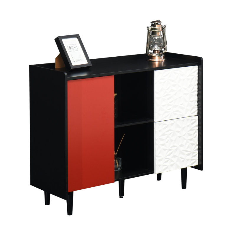 Sideboard Buffet Cabinet, Black Storage Cabinet With Red Doors, 2 Drawers With Unique Panel Styling And 2 Open Storage Compartment, Modern Coffee Bar Cabinet Accent Cabinet For Kitchen, Dining Room,