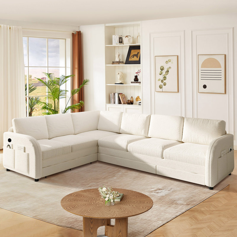 Jorlin 115.2" L-Shaped Corner Sectional Sofa With Pull-Out Bed 6 Seat Teddy Fabric Cloud Sectional Couches, Beige