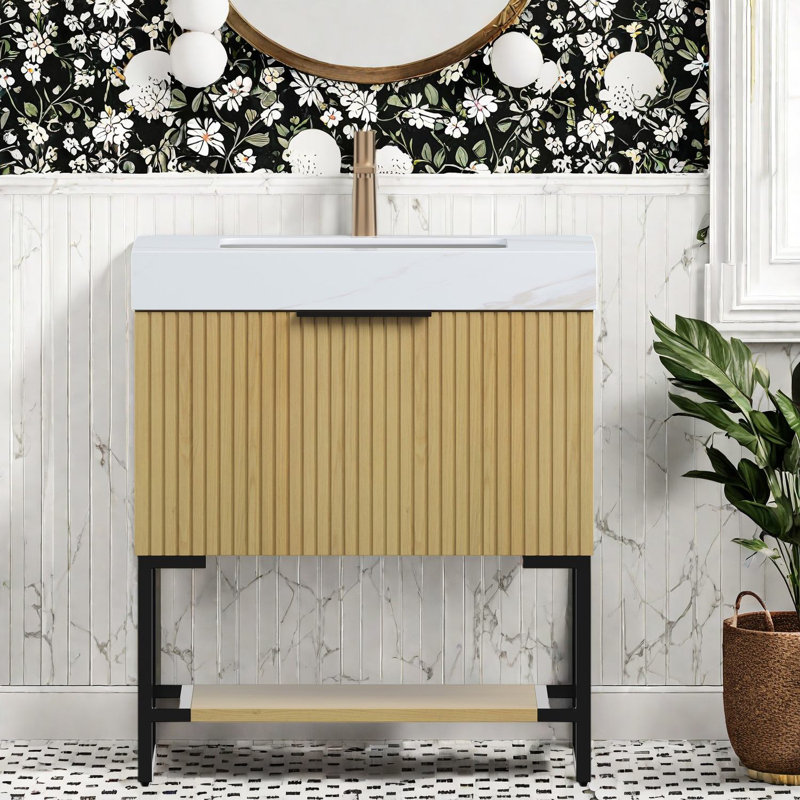 Meuble-lavabo et lavabo moderne en chêne Corolla, conception compacte de 30 pouces pour une salle de bain élégante