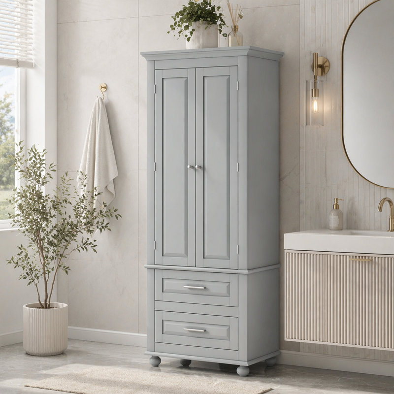 Tall Storage Cabinet With Two Drawers, Grey